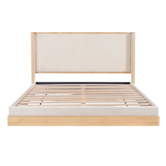Mid-Century Modern Queen Size Platform Bed, Wood Frame & Beige Upholstered Headboard