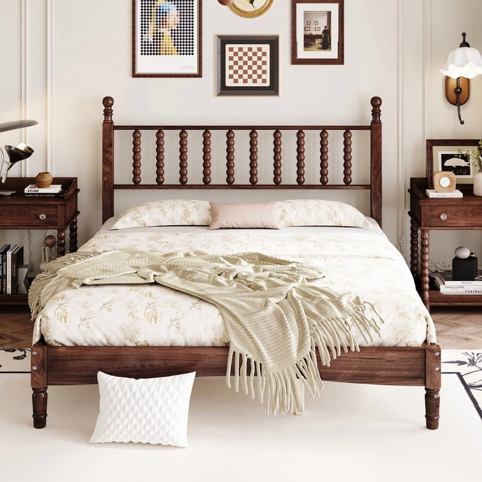 Mid-Century Modern Queen Size Wood Platform Bed with Gourd Shaped Headboard, Retro Style Low Profile Bed Frame with Slats Support