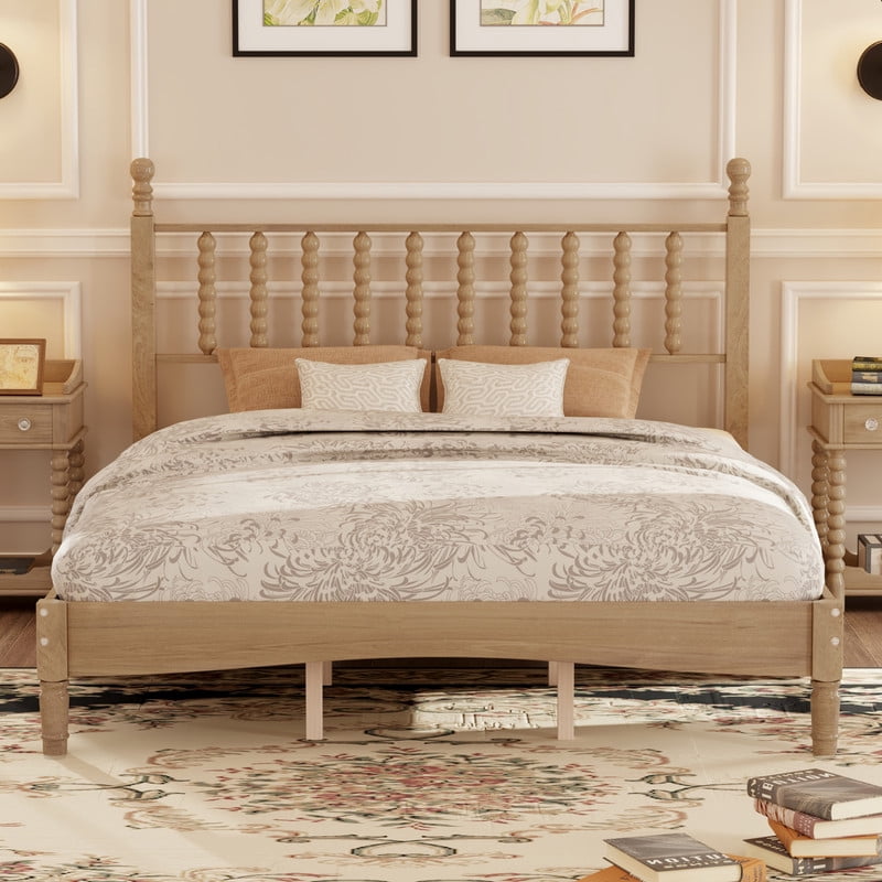 Mid-Century Modern Queen Size Wood Platform Bed with Gourd Shaped Headboard, Retro Style Low Profile Bed Frame with Slats Support