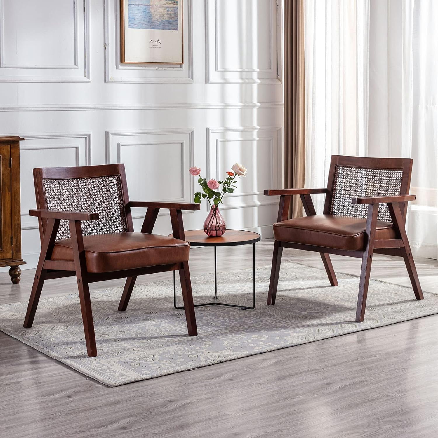 Mid Century Modern Rattan Chair Upholstered Velvet Accent Chair with ...