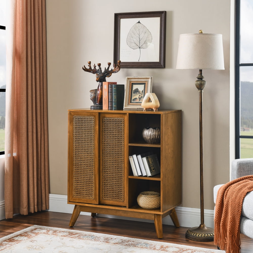Light Walnut Rattan Sideboard Cabinet with Solid Wood Feet