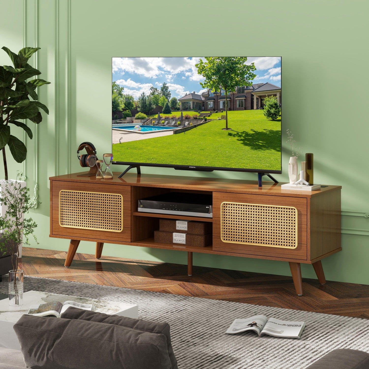 Mid Century Modern Rattan Tv Stand For 55/60/65 Inch Tv , Entertainment ...