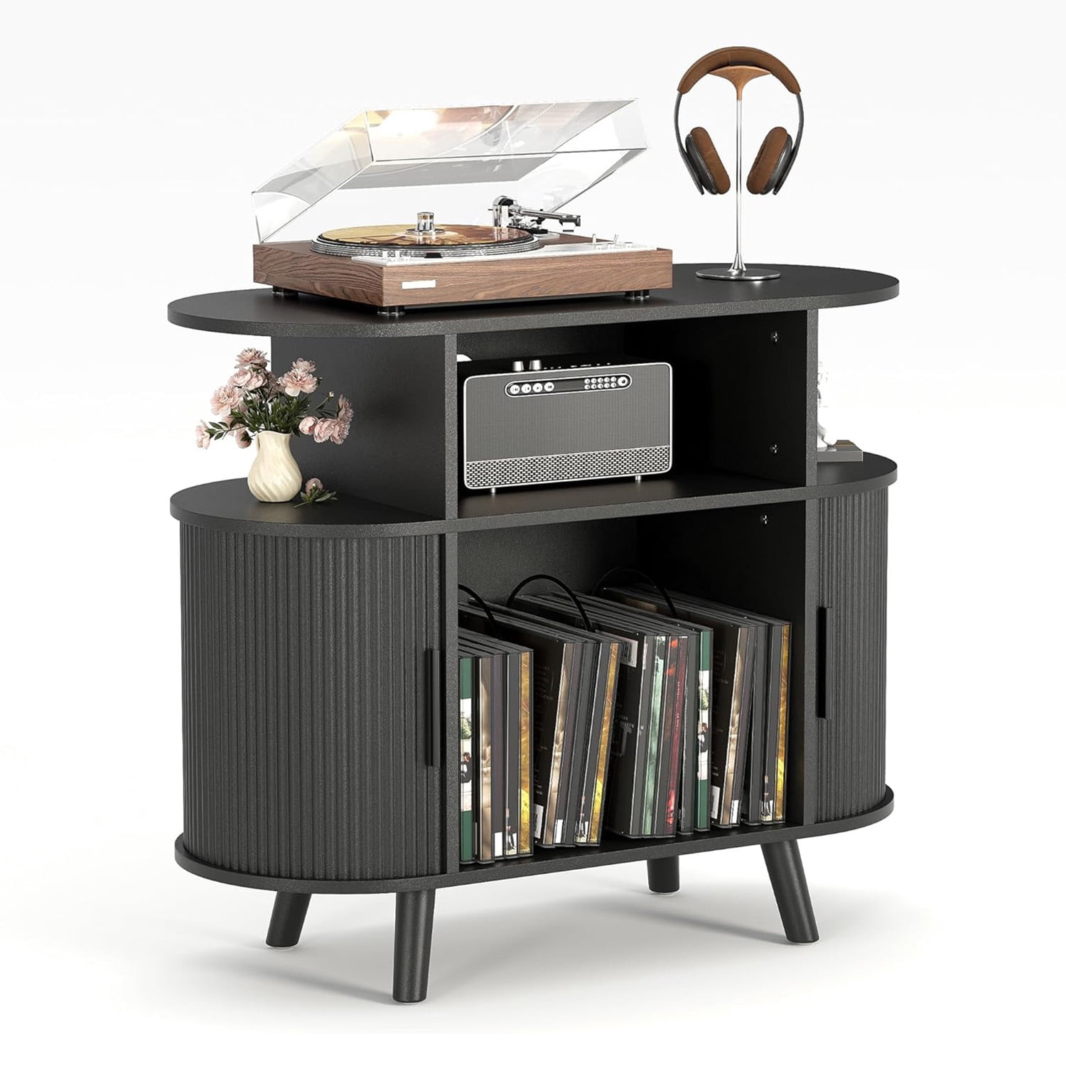 Mid-Century Modern Record Player Stand with Built-in Charging Station ...