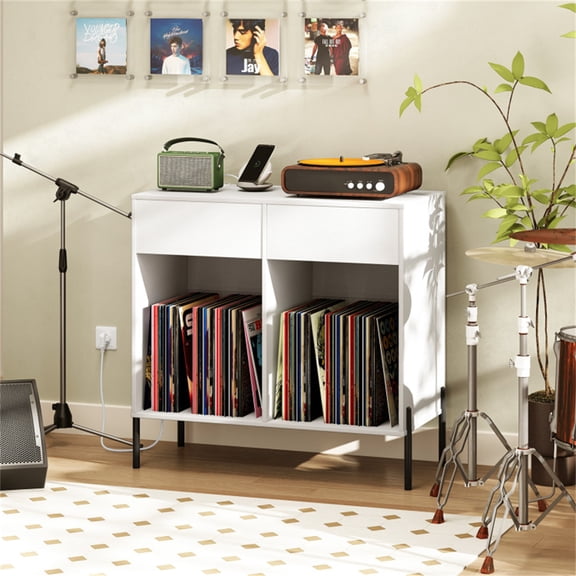 Mid Century Modern Record Player Stand with Charging Station, 2 Drawer Vinyl Storage Cabinet with Adjustable Dividers, Media Console Table for Turntable Living Room Home Theater Audio Furniture