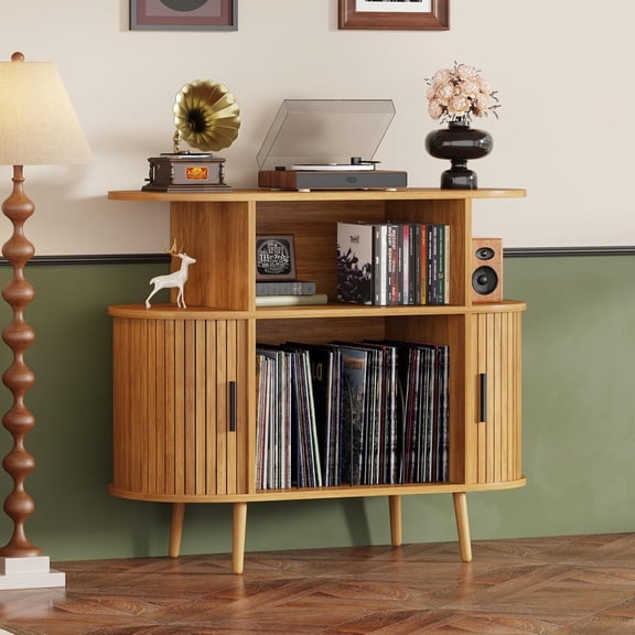 Mid Century Modern Record Player Stand with Storage - Large Round Vinyl Storage Cabinet Holds 150+ Records, Turntable Media Console with Fluted Display Shelf for Living Room Bedroom(Natural)