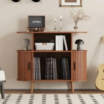 Mid Century Modern Record Player Stand with Storage - Vinyl Record Storage Cabinet & Large Round Media Console Holds 150  Records, Turntable Stand for Bedroom Living Room