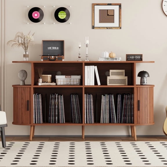 Mid Century Modern Record Player Stand with Storage - Vinyl Record Storage Cabinet & Large Round Media Console Holds 300+ Records, Turntable Stand for Bedroom Living Room