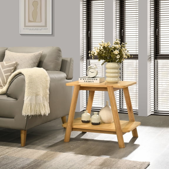 Mid-Century Modern Rectangular End Table Natural Oak Finish Wood Shelf Side Table with Storage Shelf for Living Room Bedroom