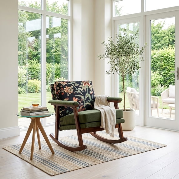 Mid-Century Modern Rocking Accent Chair, Antique Green Cotton Linen Upholstered Reading Ch