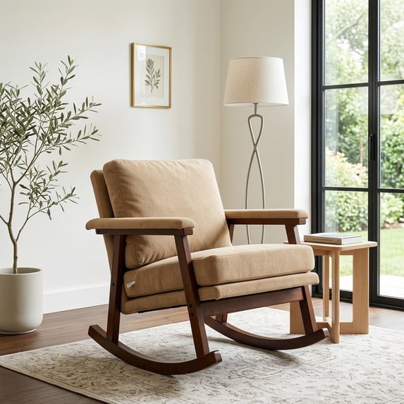 Mid-Century Modern Rocking Accent Chair, Khaki Cotton Linen Upholstered Reading Chair with