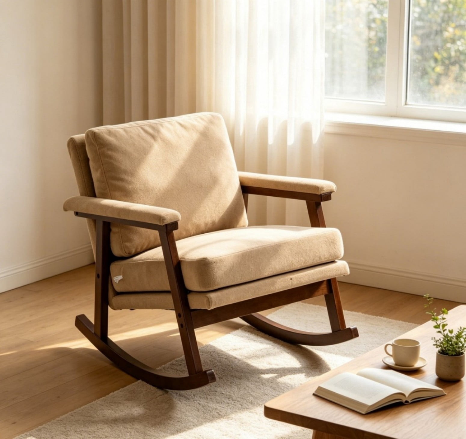 Mid-Century Modern Rocking Accent Chair with Wood Frame, Upholstered Reading Armchair with Waist Cushion, High-Density Foam Lounge Chair for Living Room, Bedroom, Sunroom, Khaki