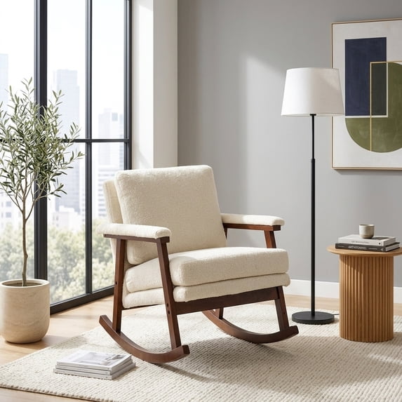 Mid-Century Modern Rocking Accent Chair with Teddy Upholstery and Solid Wood Frame, Antique White