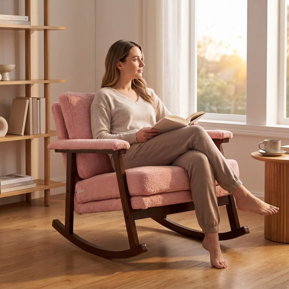 Mid Century Modern Rocking Chair, Upholstered Accent Chair with Solid Wood Frame, Nursery Glider Chair with Cushion, Cozy Reading Armchair for Living Room Bedroom Small Spaces (Light Pink)