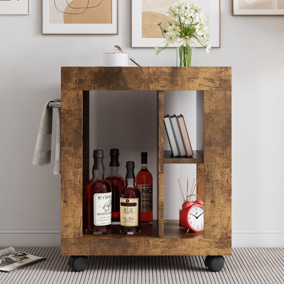 Mid-Century Modern Rolling Side Cabinet, MDF Brown Trolley Storage Cart with Open Shelves & Lockable Wheels, Mobile Sofa Side Table for Living Room, Kitchen, Home Bar