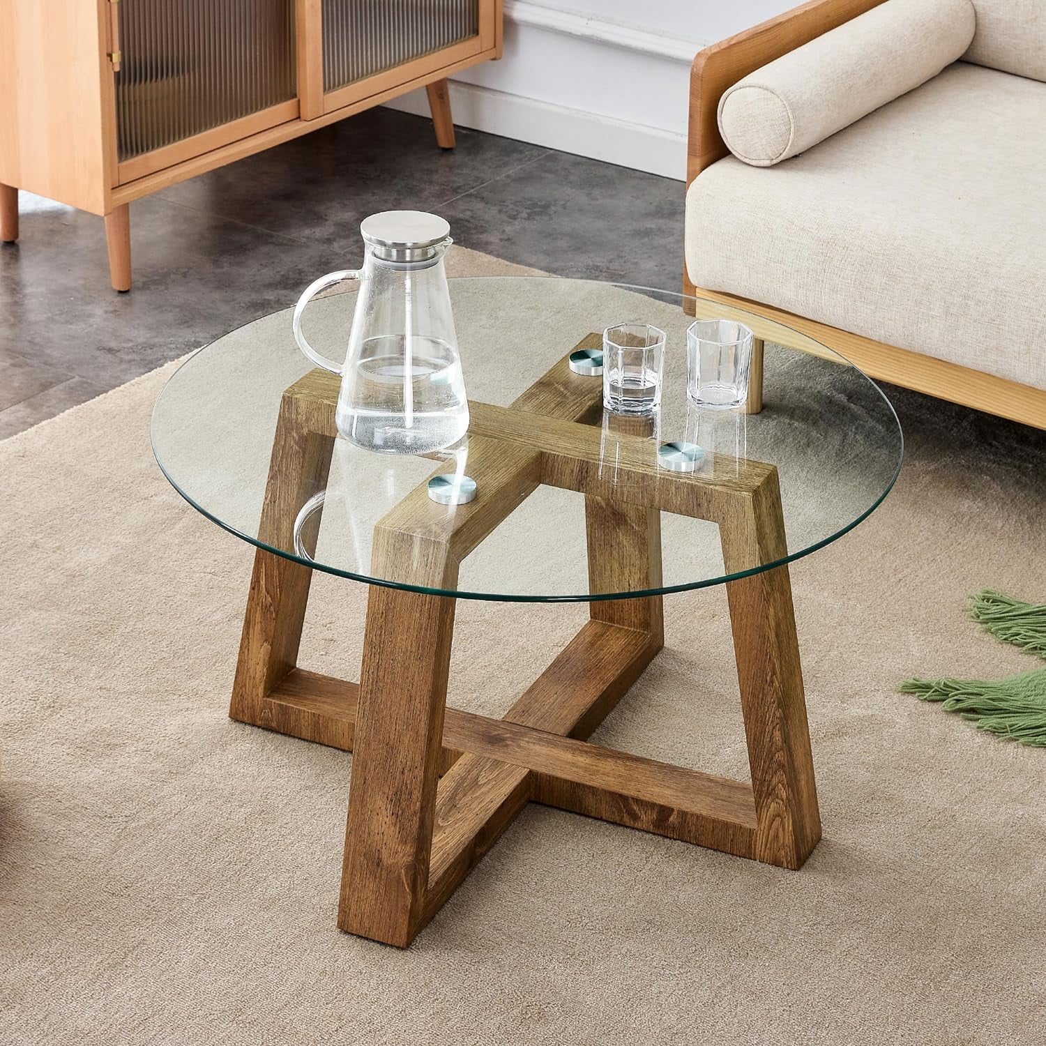 Mid Century Modern Round Coffee Table with Glass Top and Wood-Looking ...