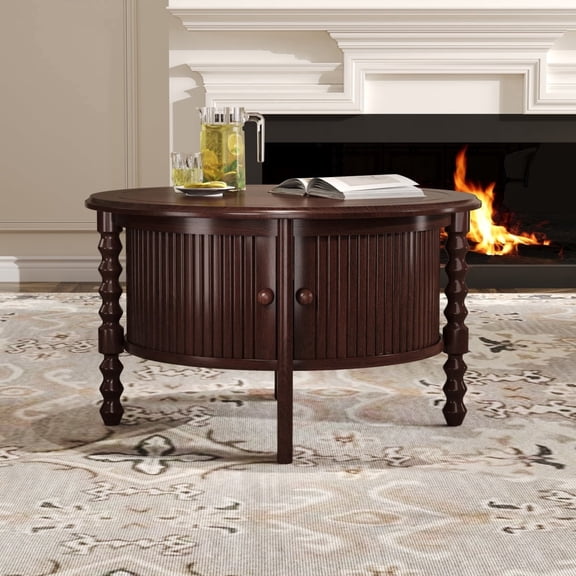Mid OmniHaven Century Modern Round Coffee Table with Sliding Door Storage | 30.3" Vintage Cocktail Table with Slatted Design,Walunt