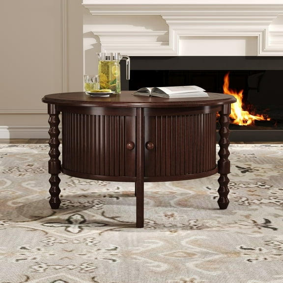 Mid Century Modern Round Coffee Table with Sliding Door Storage | 30.3" Vintage Cocktail Table with Slatted Design,Walunt