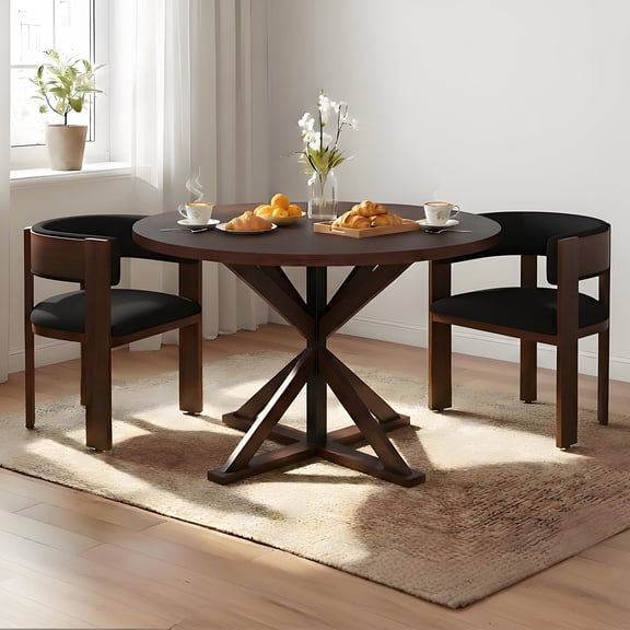 Mid-Century Modern Round Dining Table Sets for 4, 47" Wooden Kitchen Table with 2 Faux Leather Upholstered Chairs, 3-Piece Dining Room Set for Small Space Apartment