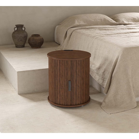 Mid Century Modern Round End Table with Built-in Charging Station, 2-Tier Walnut Side Table with USB Ports & Sliding Door Living Room for Bedroom Entryway