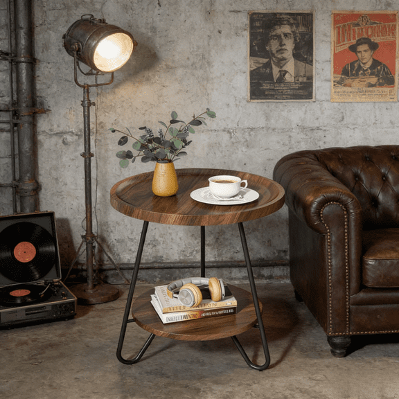 Mid Century Modern Round End Table with Lower Shelf Black Metal Frame Wood Top Industrial Side Table Nightstand for Living Room Bedroom Small Space Furniture 20 Inch Diameter