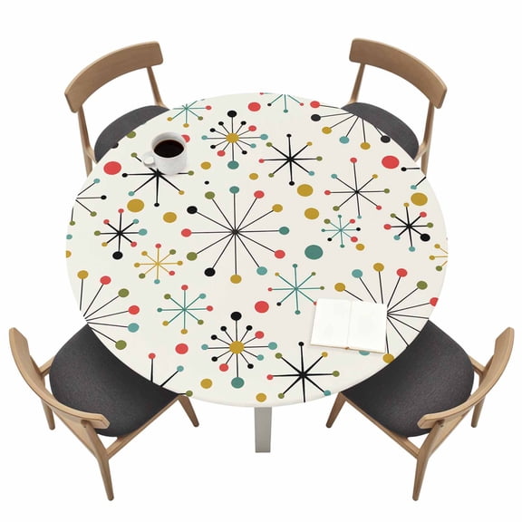 Mid-Century Modern Round Fitted Tablecloth with Elastic Edge Retro Geometric Colorful Star Shape Lines Table Cover Fit for 45"-54" Tables Waterproof Tablecloths for Dinner Camping Picnic