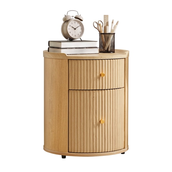 Mid-Century Modern Round Nightstand with Storage, Fluted Wood End Table with Drawer & Door, Tray Top Design, No Assembly Required, Beige Bedside Table for Bedroom, Living Room & Office
