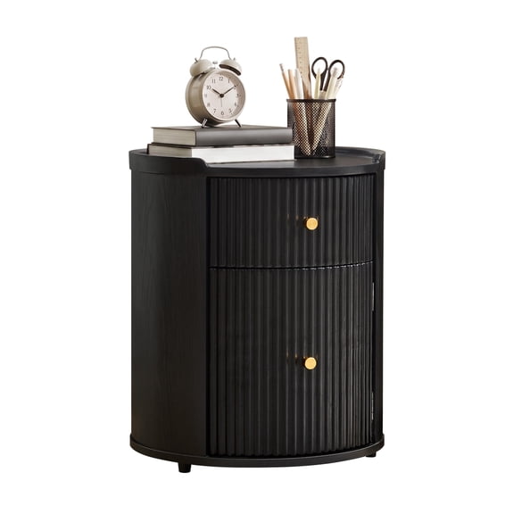 Mid-Century Modern Round Nightstand with Storage, Fluted Wood End Table with Drawer & Door, Tray Top Design, No Assembly Required, Black Bedside Table for Bedroom, Living Room & Office