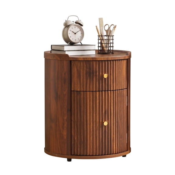 Mid-Century Modern Round Nightstand with Storage, Fluted Wood End Table with Drawer & Door, Tray Top Design, No Assembly Required, Walnut Bedside Table for Bedroom, Living Room & Office
