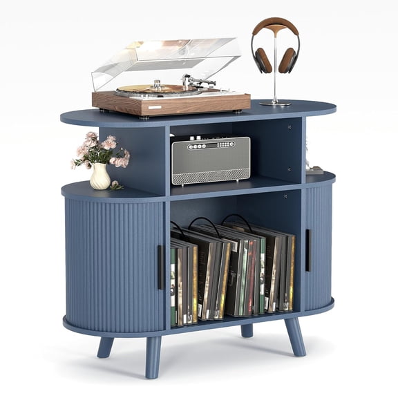 Mid-Century Modern Round Record Player Stand – Integrated Charging Station & USB – Holds 300+ Records – Arched Wood Table with Open Shelves