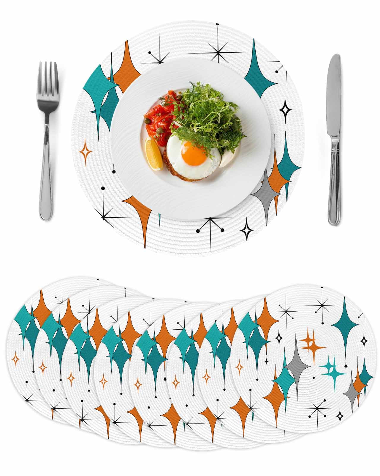 Mid Century Modern Round Table Placemats set of 8, Turquoise Orange Grey Washable Woven Place Mats for Dining Tables Kitchen Party Decor,Heat Proof, 15in,