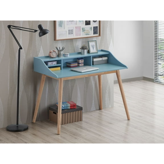 Mid-Century Modern Rubber Wood Writing Desk with Hutch, Blue (Malaysian)