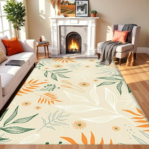 Mid Century Modern Rug, Boho Cute Aesthetic Daisy Abstract Tropical Leaves Modern Floral Area Rug, Foldable Low Pile Ultra-Thin Indoor Entryway Rug Accent Floor Carpet 5x7ft