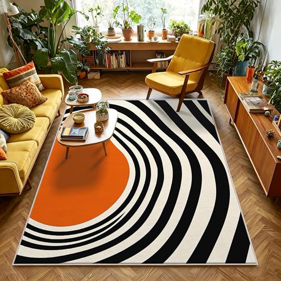 Mid Century Modern Rug for Living Room, Home Decor | Op Art Psychedelic Swirl Pattern, Black Orange, Area Rugs Soft Non Slip Washable, Bedroom Bedside, 70s Boho Carpet Indoor 3 x 5ft