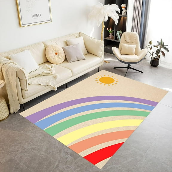 Mid Century Modern Rug, Washable Boho Rainbow Minimalist Abstract Sun Floor Carpet, Non Slip Contemporary Thin Low Pile Classroom Rugs 5x7ft