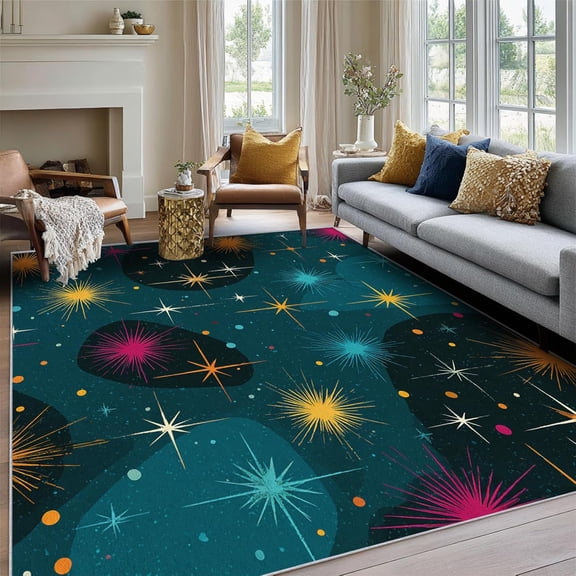 Mid Century Modern Rug, Washable Retro Starburst Blue 50s 60s Pattern Washable Area Rugs for Living Room, Geometric Abstract Home Accessories, Soft Non Slip Thin-2' x 3'