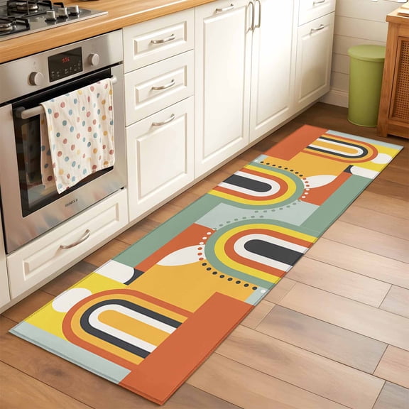 Mid-Century Modern Runner Rug for Hallway 2x6ft, Art Geometric Abstract Yellow Orange Non Slip Floor Mat Washable Low-Profile Indoor Carpet for Living Room, Bedroom, Dining Room