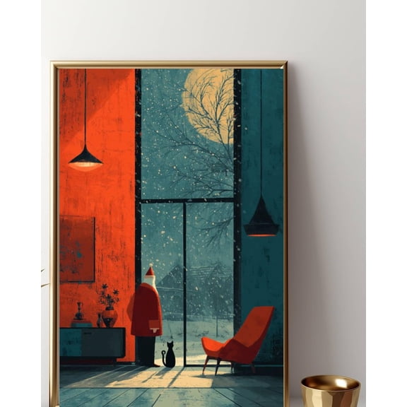 Mid‑Century Modern Santa Cat Winter Wall Art –, Stretched Canvas Size 12x18