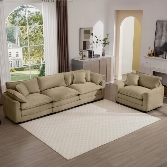 Mid-Century Modern Sectional Set - 3-Seater & Single-Seater with Tan Corduroy, Living Room Sofa