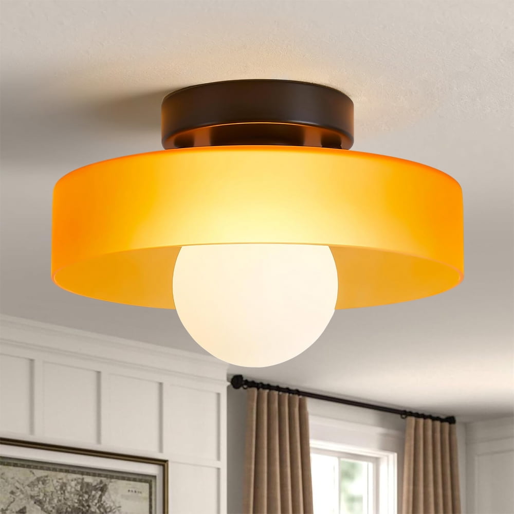 Mid-Century Modern Semi Flush Mount Ceiling Light, Kitchen Ceiling Light Fixture with Glass Shade,Vintage Close to Ceiling Lamp for Entryway Hallway Bathroom