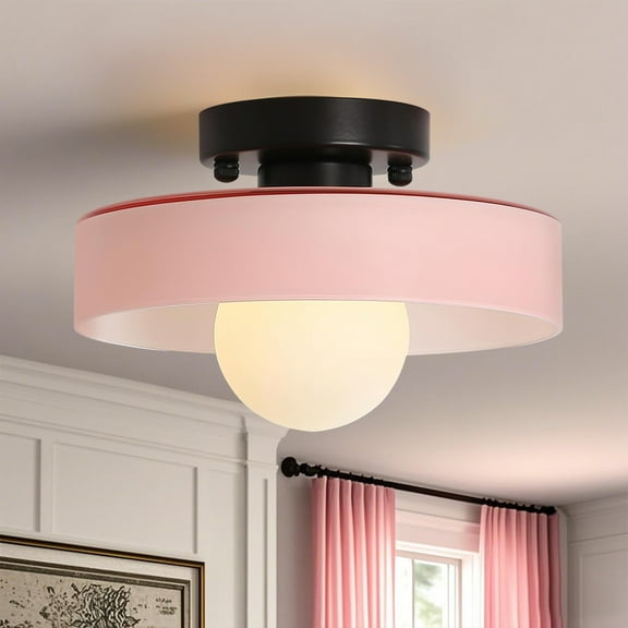 Mid-Century Modern Semi Flush Mount Ceiling Light, Kitchen Ceiling Light Fixture with Glass Shade,Vintage Close to Ceiling Lamp for Entryway Hallway Bathroom