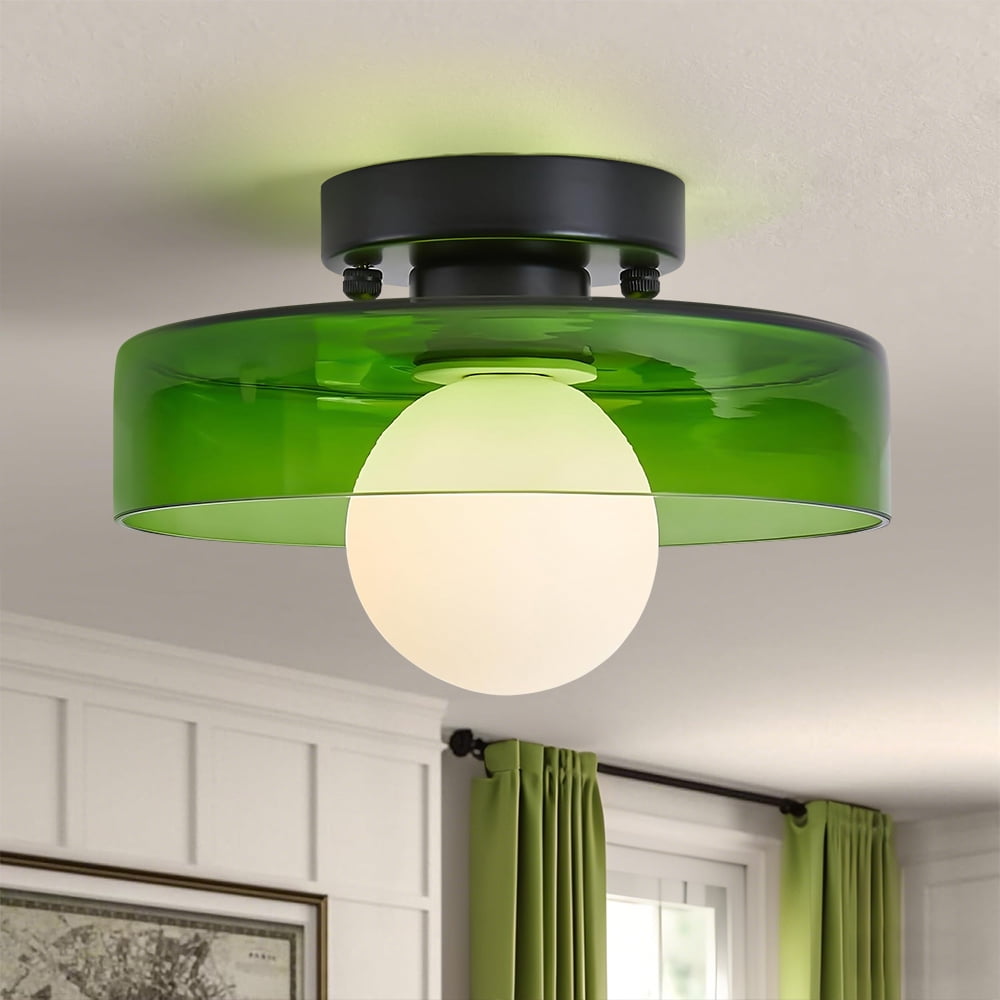 Mid-Century Modern Semi Flush Mount Ceiling Light, Kitchen Ceiling Light Fixture with Glass Shade,Vintage Close to Ceiling Lamp for Entryway Hallway Bathroom