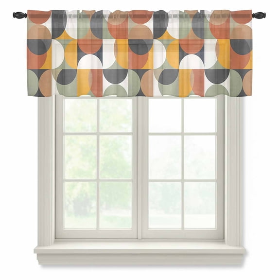 Mid-Century Modern Semi Sheer Valance Curtains Abstract Geometric Semicircle Green Voile Valances Curtain Rod Pocket Small Window Treatment for Kitchen Bathroom Cafe 42"x12"