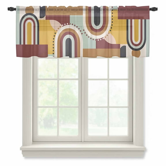 Mid-Century Modern Semi Sheer Valance Curtains Geometric Abstract Brick Red Voile Valances Curtain Rod Pocket Small Window Treatment for Kitchen Bathroom Cafe 42"x18"