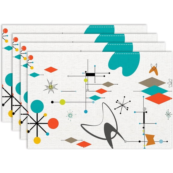 Mid Century Modern Set of 4, 12x18 Inch Retro 1950s Abstract Style Colorful Geometric Atomic Star Holiday Table Mats for Party Kitchen Dining Decoration