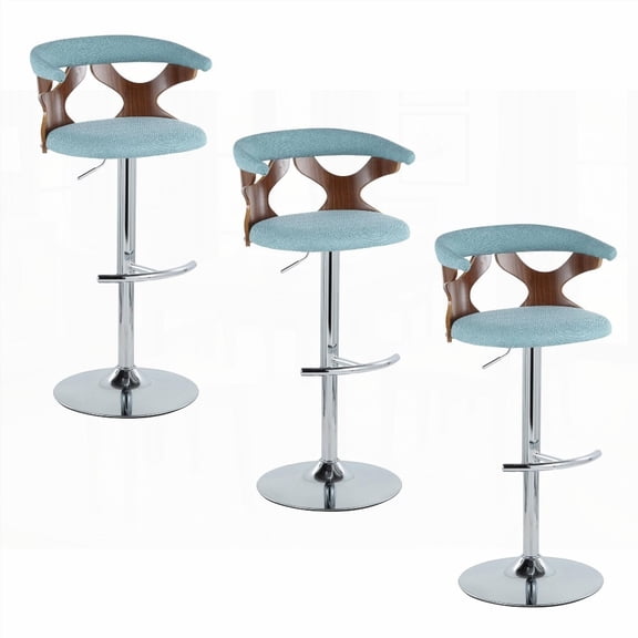 Mid-Century Modern Set of 3 Barstools - Chrome Metal, Walnut Wood & Teal Fabric with Rounded T Footrest