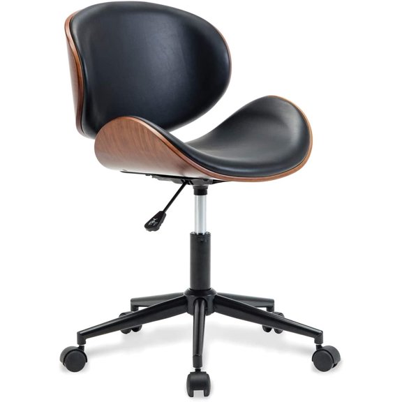 Mid Century Modern Shell Chair, Classic Tripod Design Walnut Plywood Faux Leather Upholstered Lounge Armless Chair for Living Room Reading Lounge,Black