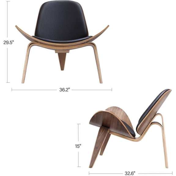 Mid Century Modern Shell Lounge Chair, PU Leather, Tripod Plywood Classic Design Solid Wood Accent Chairs for Living Room, Reading, Lounge, Office, Salon(Walnut)$$Furniture