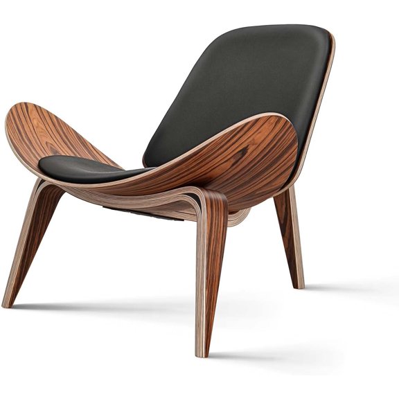 Mid Century Modern Shell Lounge Chair, PU Leather, Tripod Plywood Classic Design Solid Wood Accent Chairs for Living Room, Reading, Lounge, Office, Salon