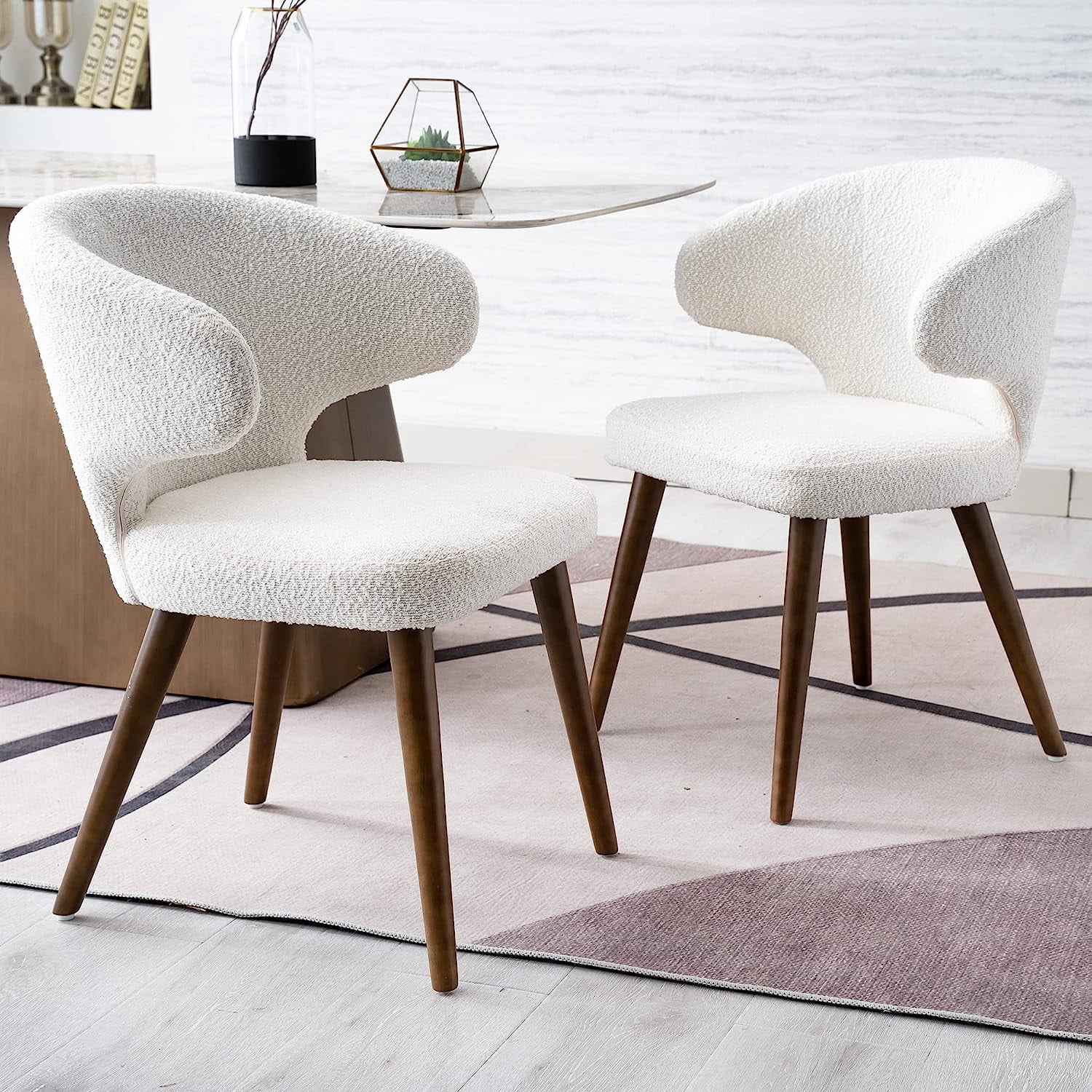 Mid Century Modern Sherpa Boucle Dining Chairs Set of 2, Upholstered ...