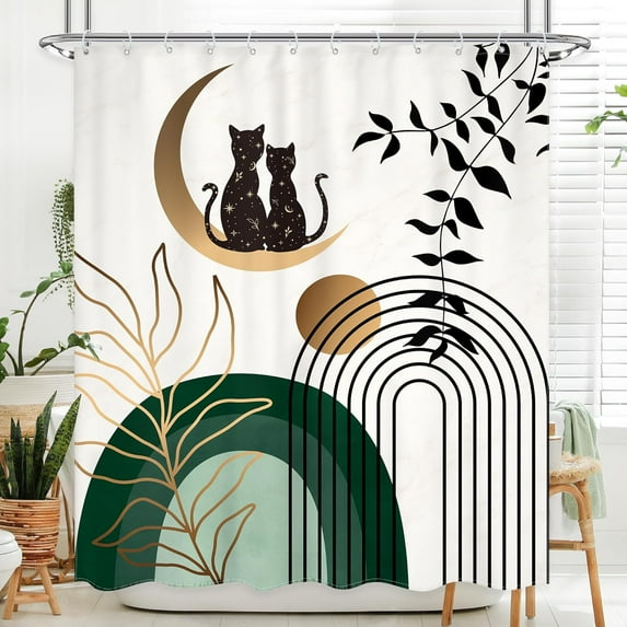 Mid Century Modern Shower Curtain 72Wx72L Inch Green Boho Abstract Black Cat Minimalist Sun Geometric Gold Leaf Shower Curtain Bathroom Set Aesthetic Bath Curtain Bathtub Accessories Home Decor